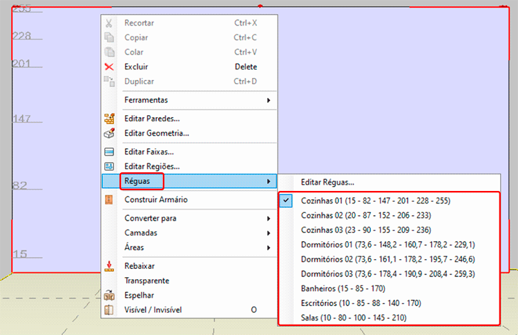 Réguas no Promob 5 réguas