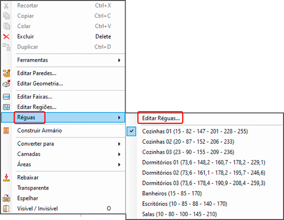 Réguas no Promob 6 réguas